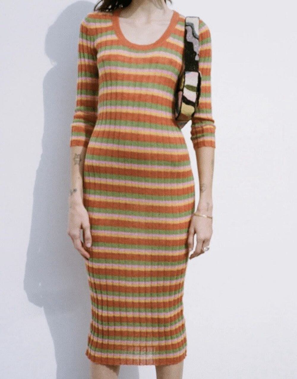 Lisa Says Gah Mafalda Midi Dress Rainbow Stripe Knit XS/S